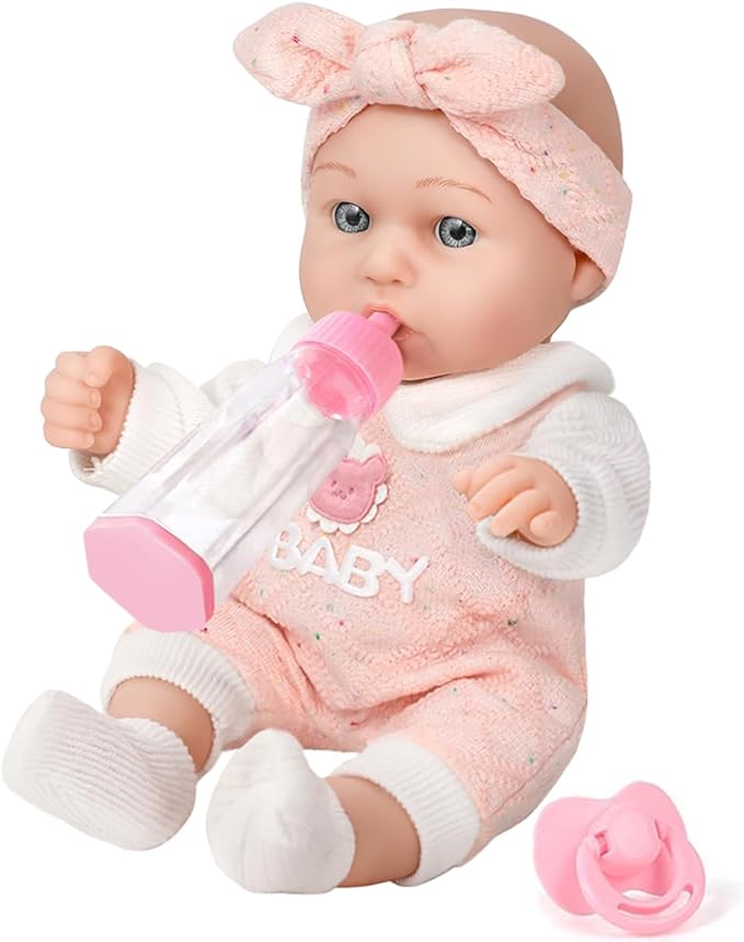 DONTNO 12'' Baby Doll in Gift Box with Pink Bear Pattern Clothes Accessories Playset,Pacifier,Feeding Bottle. Used for Gift Idea for Child Ages 3+