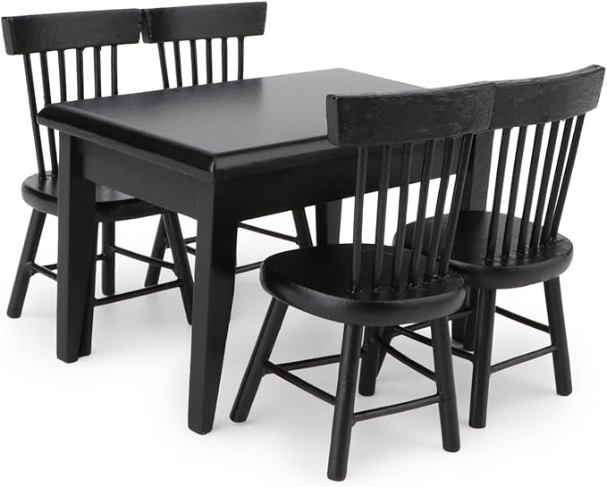 Miniature Dining Table & Chair Set for Dollhouse 1 12 Scale Wooden Furniture Model 5pcs House Mini Decoration Accessories DIY Hobby Gift (Black)