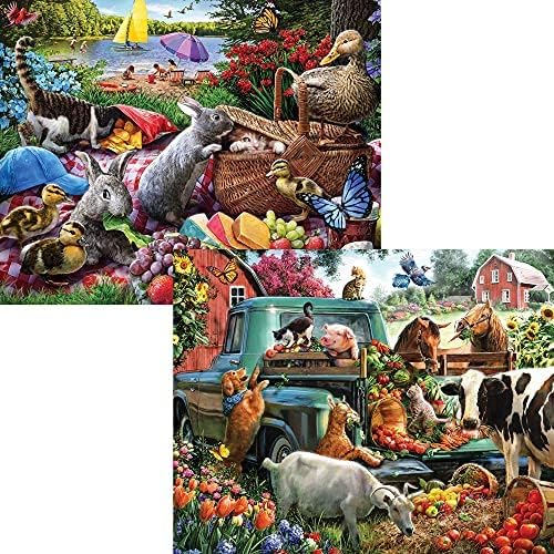 Bits and Pieces – 4-in-1 Multi-Pack Jigsaw Puzzle Set for Adults – Picnic Surprise, Pickup Tractor & Summer Retreat by Larry Jones – Random Die-Cut Pieces (Four 300 Piece Puzzles 16" x 20")