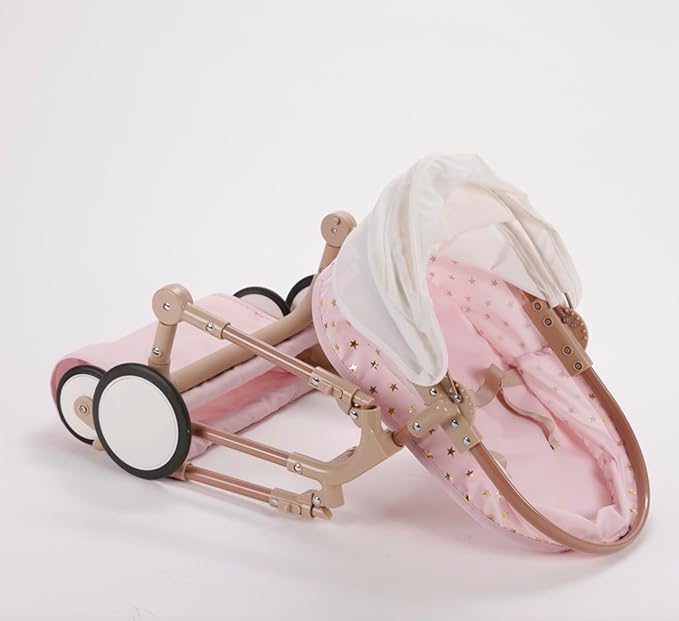 LullaBaby – 14-Inch Accessories – Pink Toy Stroller with Gold Stars for Twins – Foldable Canopy, Swivel Wheels & Storage Basket – Pretend Play 2+ Years