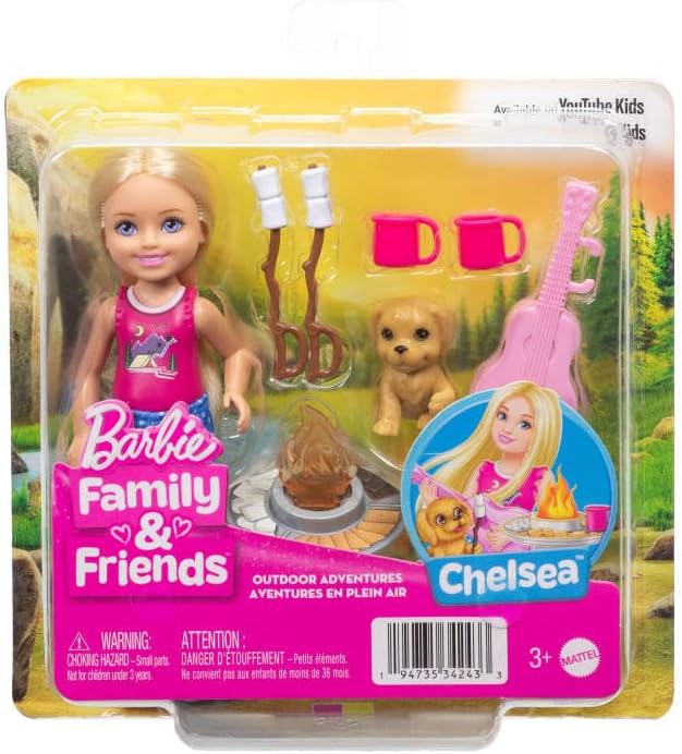 Barbie Chelsea Outdoor Adventures Playset, Family & Friends Set with Small Blonde Doll, Pet Puppy & 5+ Camping Accessories