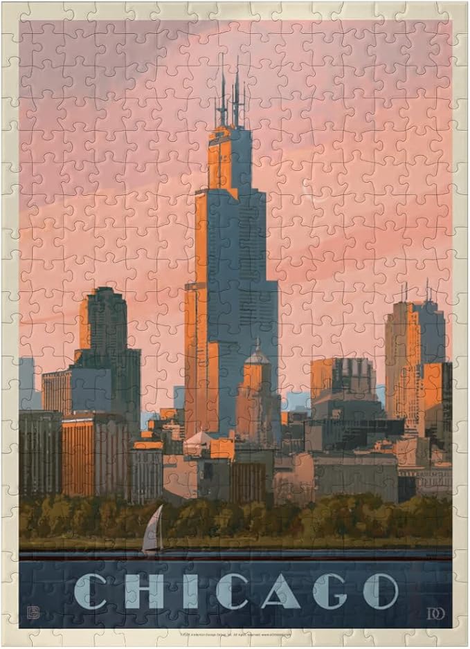 MyPuzzle Chicago Skyline: Lake Michigan, Vintage Poster - Premium 300 Piece Jigsaw Puzzle for Adults