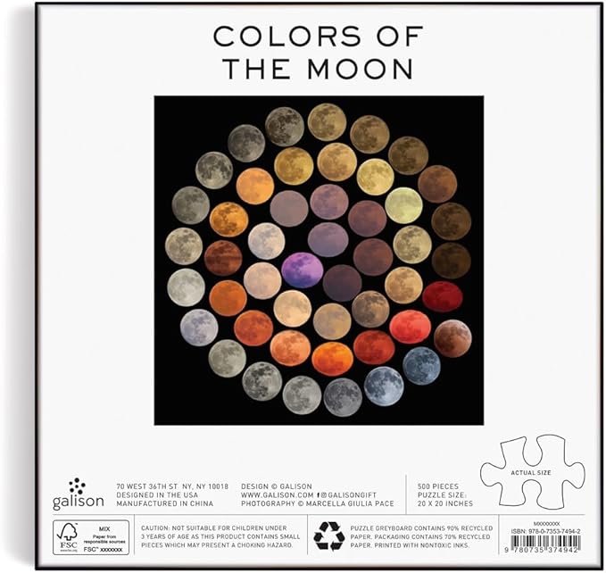 Galison Colors of The Moon 500 Piece Puzzle from Galison - 20" x 20" Puzzle, Photographic Imagery of The of The Moon, Thick & Sturdy Pieces, Fun and Challenging Activity for Adults