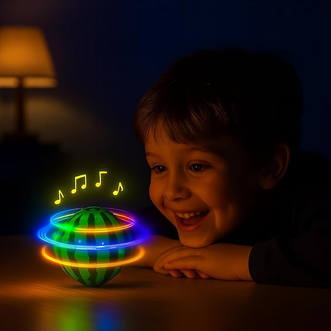 Fruit Spinning Tops for Kids, Stocking Stuffers & White Elephant Exchange Toys – 4 Pack Fruit-Themed Light-Up Toys with Music for Boys & Girls Toddlers
