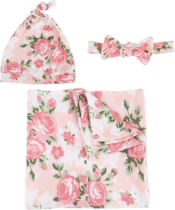 Aori Reborn Baby Doll Accessories Clothes Newborn Receiving Blanket with Headband and Hat Set Baby Swaddle Floral 3-Piece Swaddle Nursery Swaddle Wrap for 17-20 inch Reborn Doll