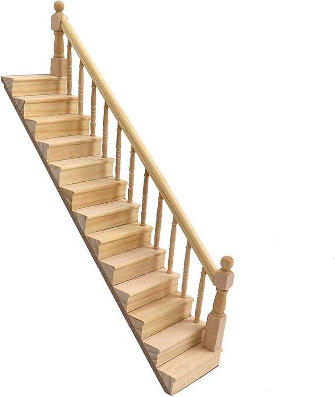 Miniature Stairs 1:12 Scale Dollhouse Furniture Wooden Handrail DIY Unpainted Staircase Dollhouse Accessories Pre-Assembled Steps Model (Right-Handrail)
