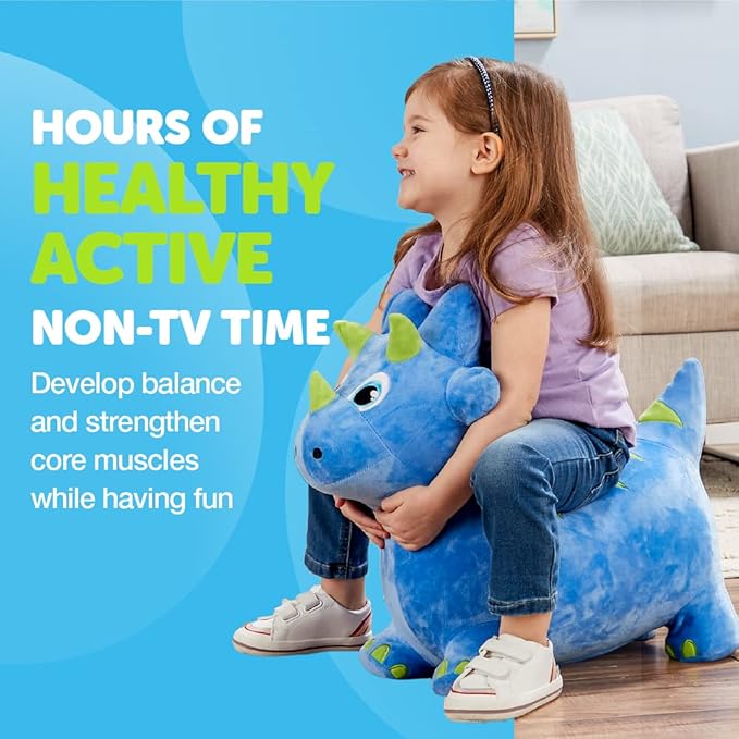 WADDLE Bouncy Hopper Inflatable Animal Hopping Plush, Indoor and Outdoor Toy for Toddlers and Kids, Pump Included, Boys and Girls Ages 2 Years and Up (Triceratops)