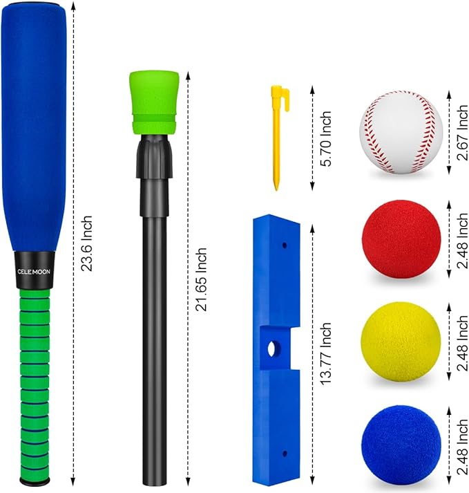 CeleMoon Foam Tball Set for Kids Toddlers 3-5, T Ball Baseball Softball Bat Set Adjustable Batting Tee, 8 Colored Balls, for Boys Girls 3-5 5-8 Years Indoor Outdoor Sport Playing Toys, Blue