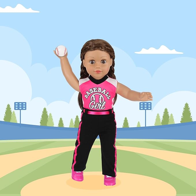 K.T. Fancy Baseball Uniform Doll Outfit-American 18 Inch Doll Clothes and Accessories Set Including Hat, Pink Baseball Jacket, Baseball, Water Bottle, Socks and Trainers, Gifts Set for Girls&Boys
