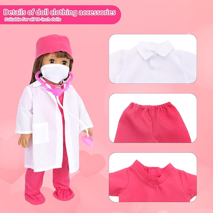 MSYO 18 Inch Doll Doctor Playset-Pretend Play Medical Kit with White Coat,Scrubs & Surgical Tools,Stem Roleplay Costume for Kids Ages 3-12,Fits Most 18 Inch Girl & Boy Dolls(Rosy)