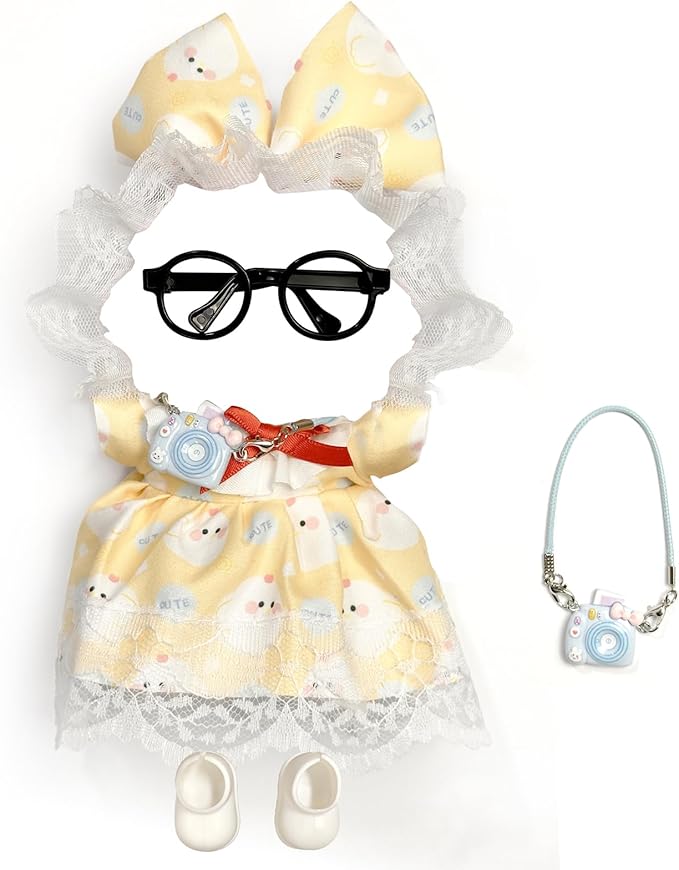 17cm Doll Clothes for Labubu Set - 5-Piece Luxury Designer Outfit with Bow, Glasses, Camera Bag & Shoes | Fashionable Dress-Up Accessories for Dolls (Yellow)