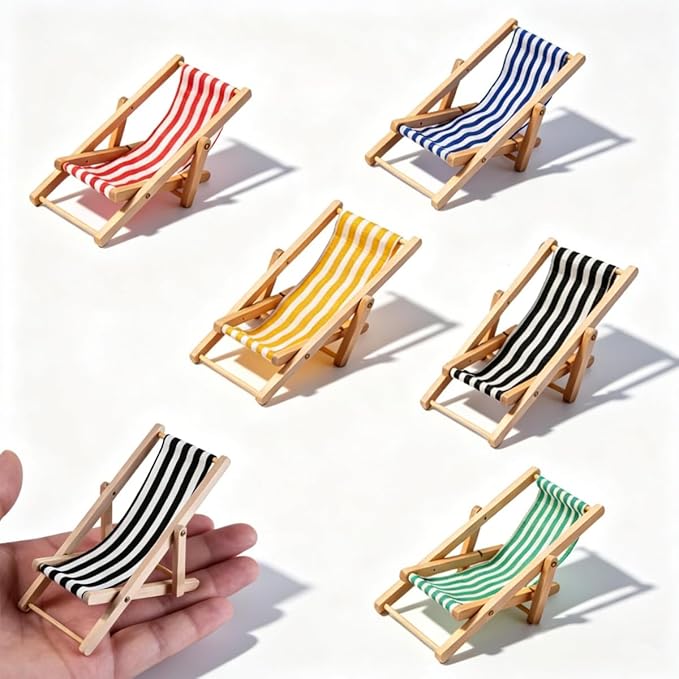 6Pcs 1:12 Scale Mini Wooden Folding Beach Chair, Miniature Sunbathing Lounge Deck Chair, Dollhouse Outdoor Furniture Accessories (MiniBeachChair)