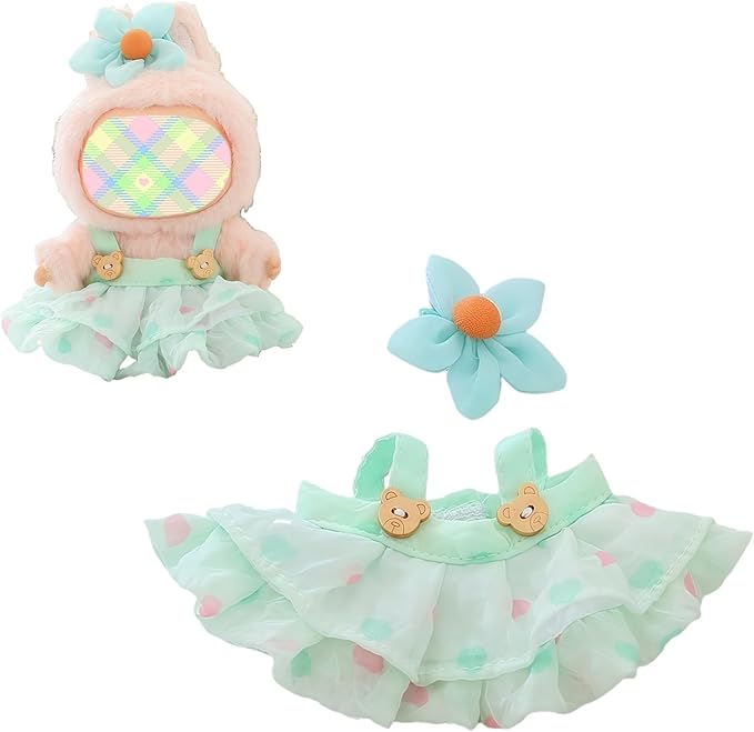 Clothes for Lu bubu 17cm Dolls Accessories (No Doll), Kawaii Skirt Outfit Set 2 Pieces for 17cm Dolls Suit, Stylish Dress Up Flower Dolls Clothing Set Replacement Green