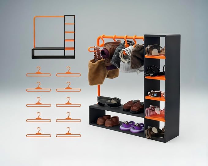 Doll Clothes Closet with 10 Hangers, Black & Orange Color Block Doll Accessories Display Wardrobe, Compatible with Fasion Doll Clothes,Portable Storage for Figures,Gift