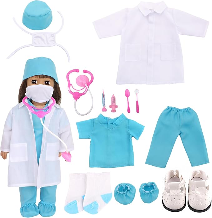 MSYO 18 Inch Doll Doctor Playset-Pretend Play Medical Kit with White Coat,Scrubs & Surgical Tools,Stem Roleplay Costume for Kids Ages 3-12,Fits Most 18-Inch Girl & Boy Dolls(Blue)