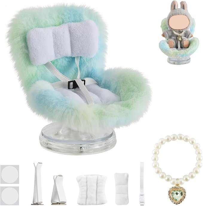 Cute Doll Car Seat for Labubu, Premium Car Seat Accessories for 4-7in Dolls, Including Air Vent Clip, Desktop Stand, Adjustable Strap, Airflow-Friendly Design(Colorful Green)