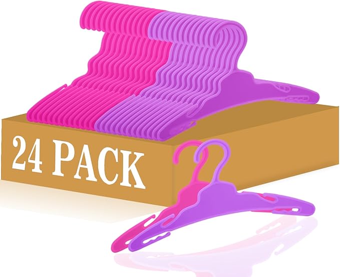 24 Pcs Doll Clothes Hangers for 18-Inch Dolls - Non-Slip, Space-Saving Wardrobe Accessories for Doll Gowns & Outfits (Purple&Rose red)
