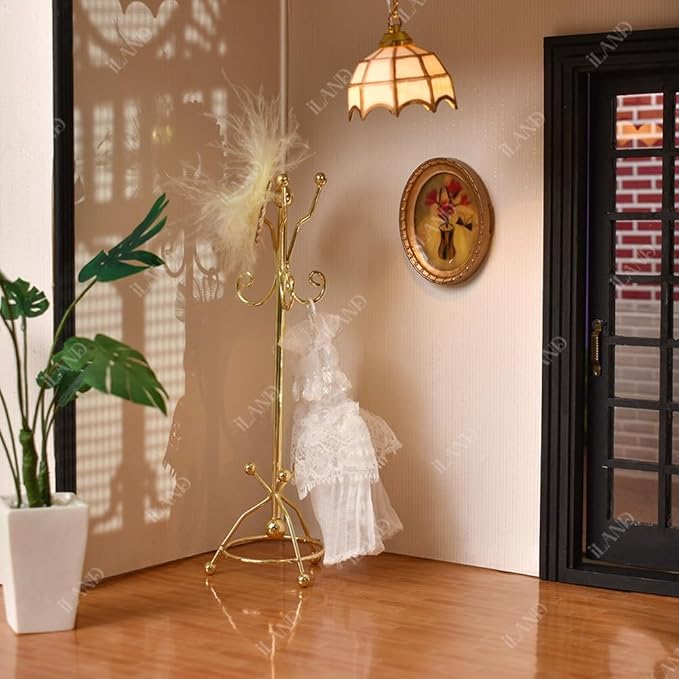 iLAND Dollhouse Furniture and Accessories on 1:12 Scale, Miniature Coat Rack & Full Mirror (Golden Color)