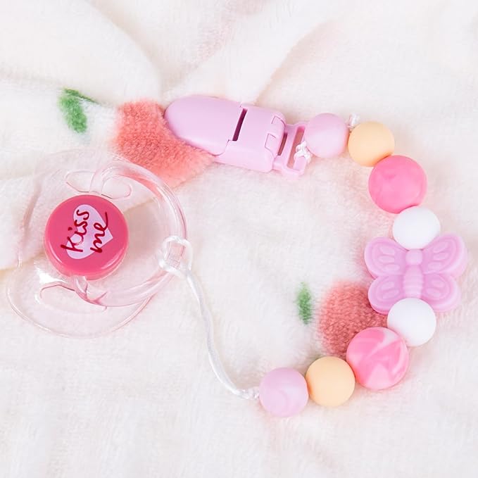 Aori Pacifier Clips for Rebron Baby Dolls Silicone Holders Clips with Magnetic Pacifier -Pink