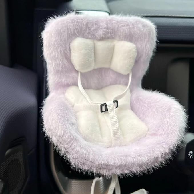 Doll Car Seat for 3–8 inch Figures, Fits Character Plushes, Blind Box Dolls & Vinyl Collectibles, Includes Air Vent Clip & Desktop Stand, Cute Car Ornament for Collectors (Purple)