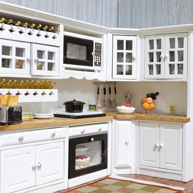 iLAND Miniature Dollhouse Furniture on 1:12 Scale, Modern Dollhouse Kitchen with Dollhouse Accessories Set
