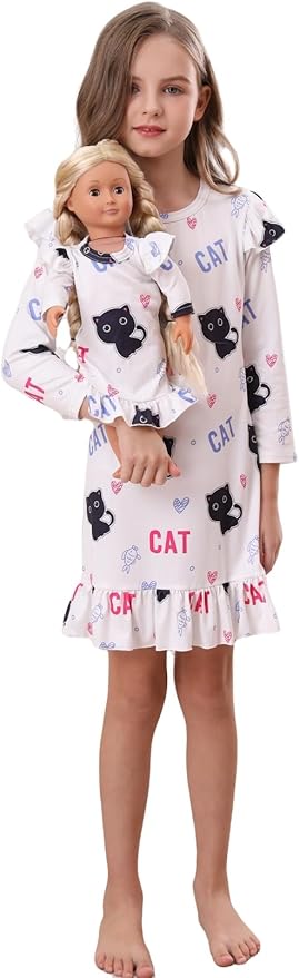Bow Dream Girl Dress Cute Cartoon and Matching American Girl Doll Clothes Accessories for Girls Dresses White Cat