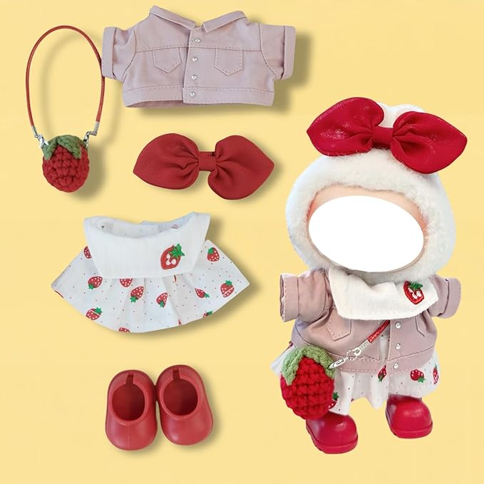 Clothes for 17cm Doll, 5 pcs Set Doll's Outfits Luxury Dress Shirt Pants Headset Shoes Accessories Fashion Stylish Adorable Dolls Clothes (No Doll) (Strawberry Red)