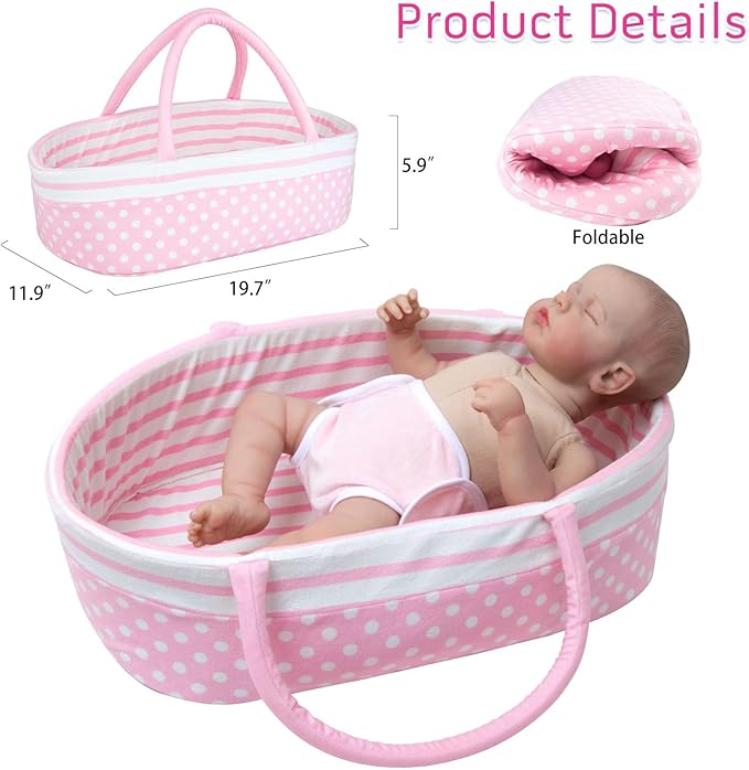 3 Pcs Reborn Baby Doll Accessories Set Bassinet + Blanket + Diaper, Thick Foldable Baby Doll Cradle Beds for 16-18 Inch Newborn Dolls Girl, Soft Sleep Babydoll Carrier Reborn Doll Accessories Pink