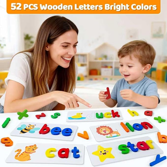 BEESTECH Alphabet ABC Learning Educational Toys for 3 4 5 Years Old Boys Girls, Wooden Puzzle Flash Cards Preschool Activity Letter Matching Games for Kids Toddlers