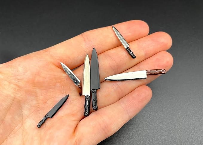 Miniature Kitchen Knife, 1:12th Scale Dollhouse Cooking Accessory - Metal Tiny Knife (Large Silver & Black)