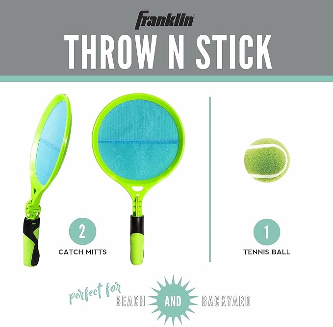Franklin Sports Throw 'N Stick Toss + Catch Set for Kids - Self Stick Tennis Ball Catch Game - Includes (2) Mitts with Handles + (1) Ball - Fun Kids Beach + Backyard Game Set