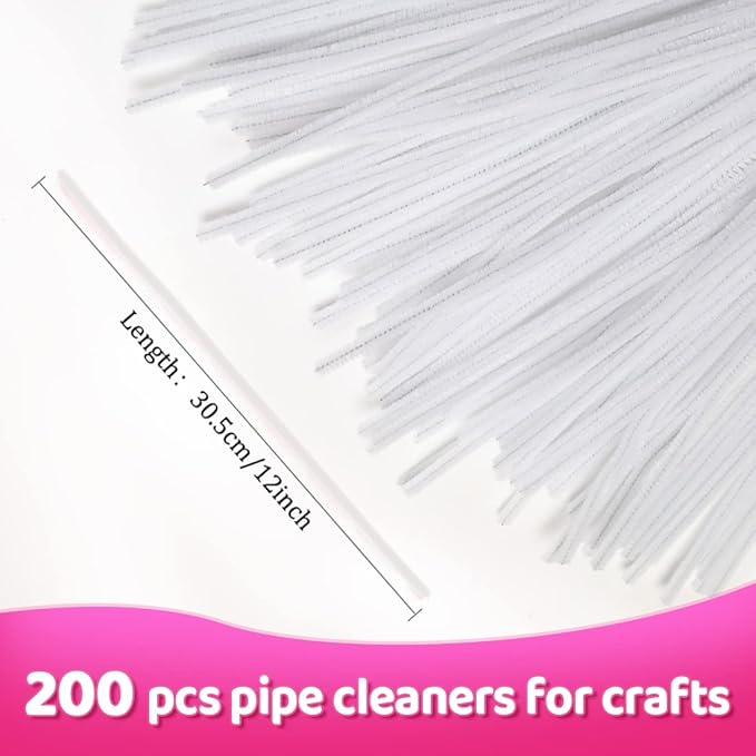 Praisebank White Pipe Cleaners for Crafts, 200pcs, Chenille Stems for DIY Projecets, Arts & Crafts Supplies for Festival Party Decorations