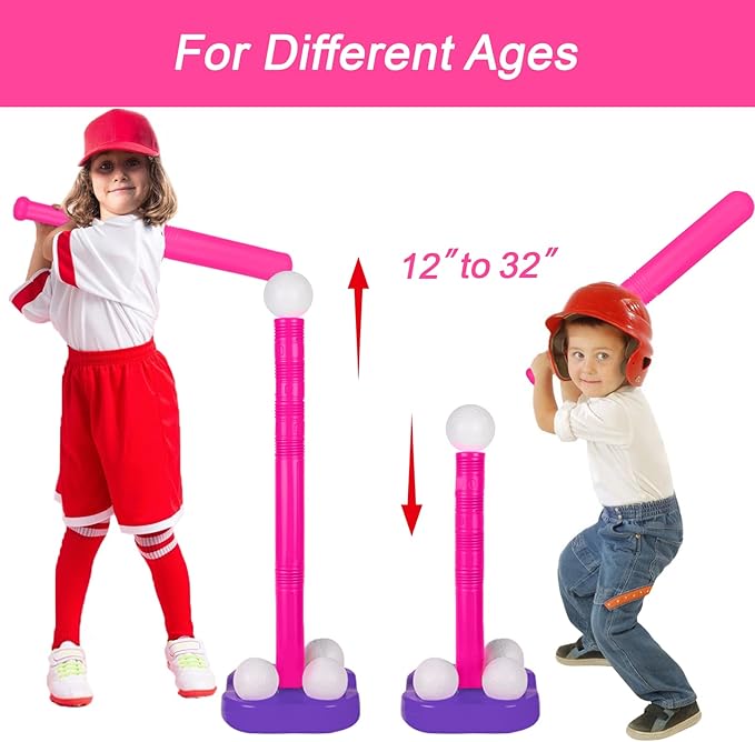 Liberry Tball Set for Toddlers with Adjustable Height Tee Ball Stand, Weighted Base and Kids Baseball Bat, Sports Game Toys Christmas Birthday Gift for Boys Girls Ages 3 4 5 (Pink)