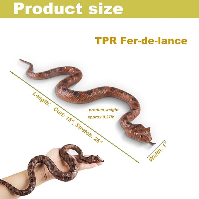 Ultra-Realistic Snake Toy to Scare Birds/Squirrels - 15-Inch Coiled/26-Inch Stretchy Garden Decor, Halloween Prank Gifts for Adults & Safe STEM Toy for Kids (Fer-de-Lance)