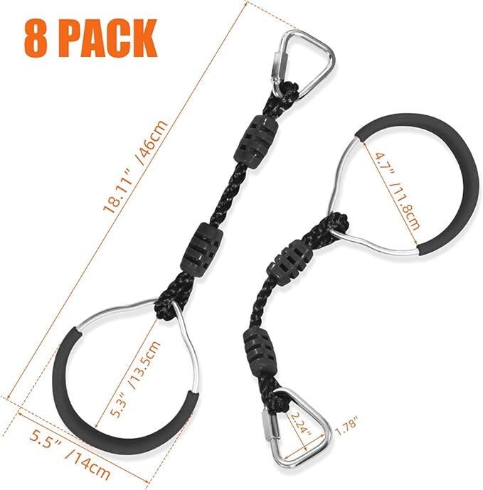 Hanging Ninja Gymnastic Ring Swing Monkey Bar Climbing Bar Jungle Fist For Outdoor Indoor Backyard Activities, 8 Pack Black Obstacle Course Rings Workout Playground Training Equipment Trapeze Play Set