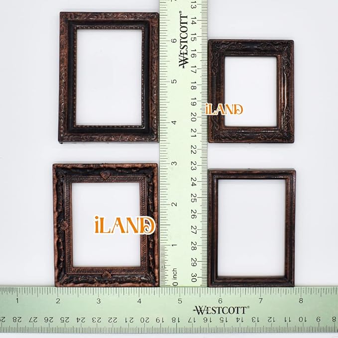 iLAND Miniature Dollhouse Accessories for Dollhouse Furniture on 1:12 Scale, Dollhouse Frames w/Printed Classic Paintings Set (4 Dark Brass Frames & Pictures)