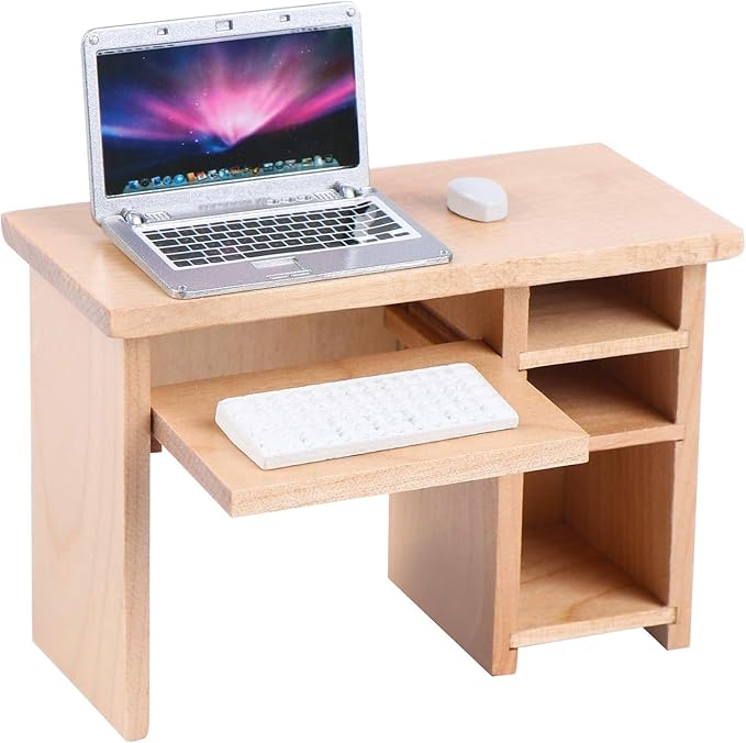 Dollhouse Miniature Laptop Computer and Office Table Doll House Simulation Notebook Accessories for Doll 1/6 1/12 Miniatures Pretend Play