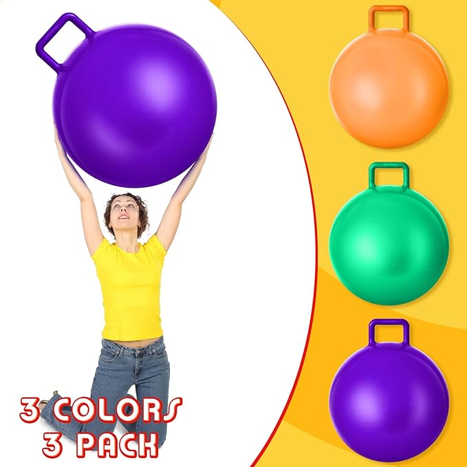 Lewtemi 3 Pcs 29 Inch Bouncing Ball with Handle, Outdoors Hopper Jumping Hopping Ball and Air Pump for Sports Exercise (Purple, Green, Orange)