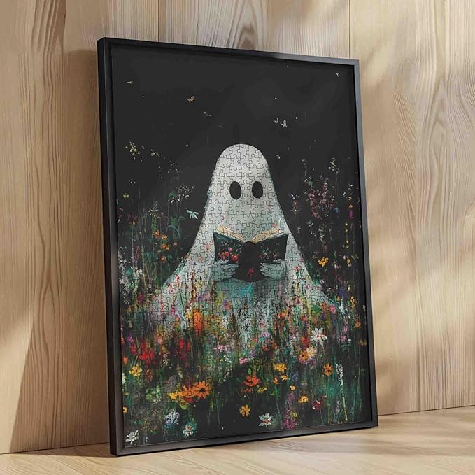1000 Pieces Graffiti Halloween Jigsaw Puzzles for Adults,The Little Devil Reading a Book with Blooming Flowers Puzzles Best for Family Game Play Collection,Wall Decor 19.7 x 27.6 Inch