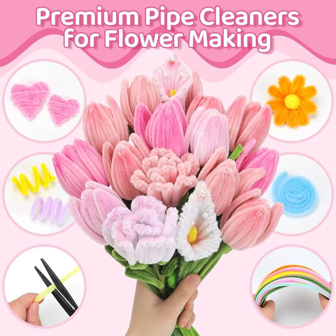 Praisebank Pink Pipe Cleaners for Crafts (400pcs with Instruction), Flower Making Kit, Chenille Stems for DIY Projecets, Arts & Crafts Supplies for Festival Party Decorations