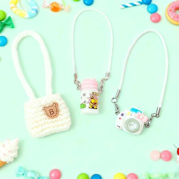 3pcs Doll Accessories Set Included White Knitted Bag, Purple Camera Charm & White Water Charm Dress Up Accessories for 17cm Doll, Mini Costume Supplies