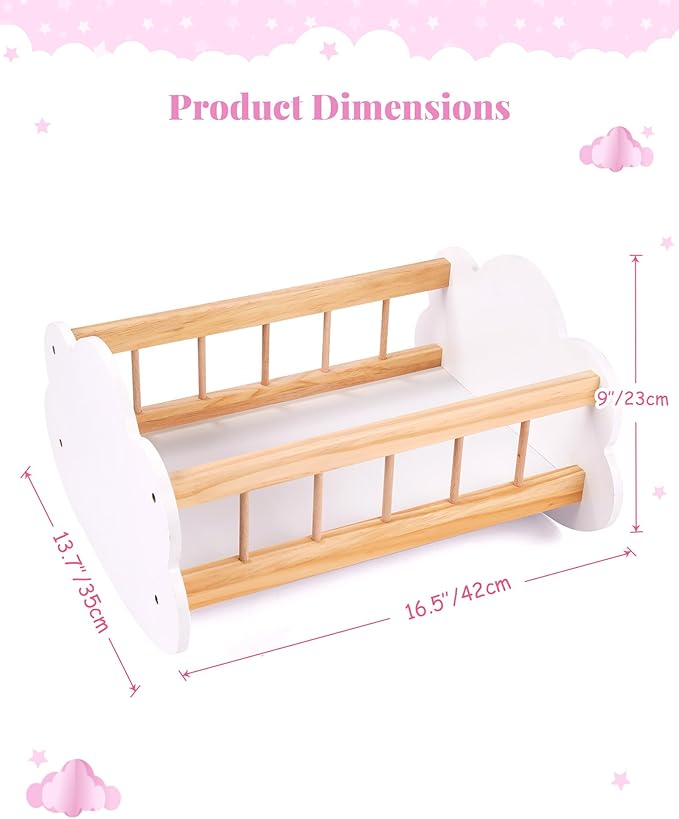 BABESIDE Wooden Baby Dolls Bed for 12-16 Inches Doll, Rocking Babys Doll Crib, Sleep Bed, Baby Dolls Accessories Furniture fit Dolls Boys Girls