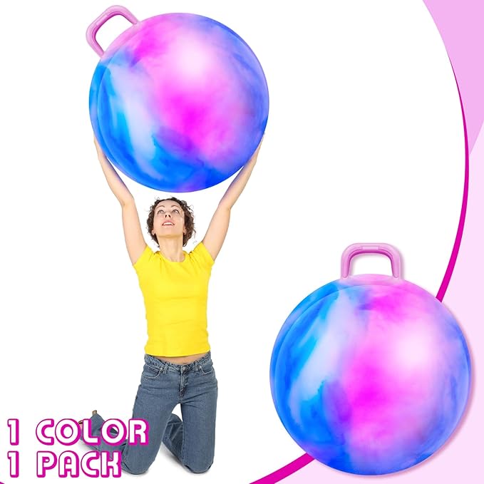 Lewtemi Hopper Ball for Adults, 29 Inch Bouncing Ball Hippity with Handle Rubber Hop, Jumping Hopping Exercise with Air Pump for Outdoors Sports Games Exercise (Blue Pink Cloud)