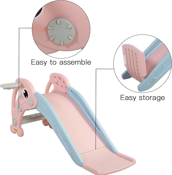 TOBBI Kids Slide for Indoor and Outdoor, Freestanding Slide for Toddler Playground Slipping Slide Climber Toy Playset with Basketball Hoop & Ball, Pink