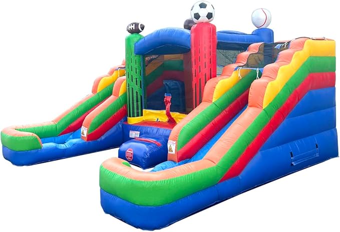 Crossover Sports Double Water Slide Bounce House Combo, 16.5 x 15 x 11 Foot, PVC Vinyl Inflatable Bouncy House for Kids, Wet or Dry Slides, with Stakes and Storage Bag, Blower not Included