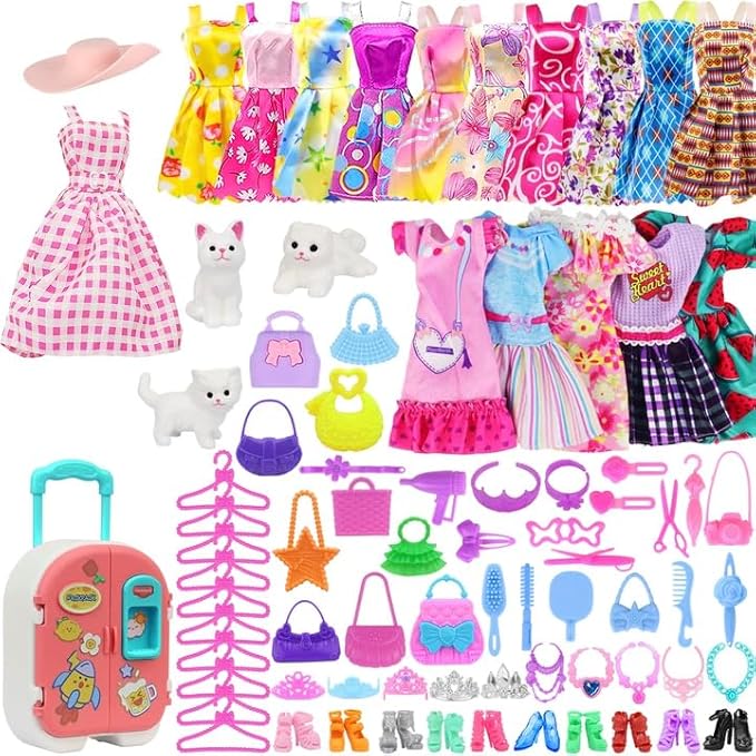 K.T. Fancy 83 Pcs Dolls & Accessories with Purple Closet Wardrobe for 11.5 Inch Doll Dress Up Set Including Wardrobe Shoes, Wallet, Dress Hangers, Brush, Necklace, Pet and Other Accessories