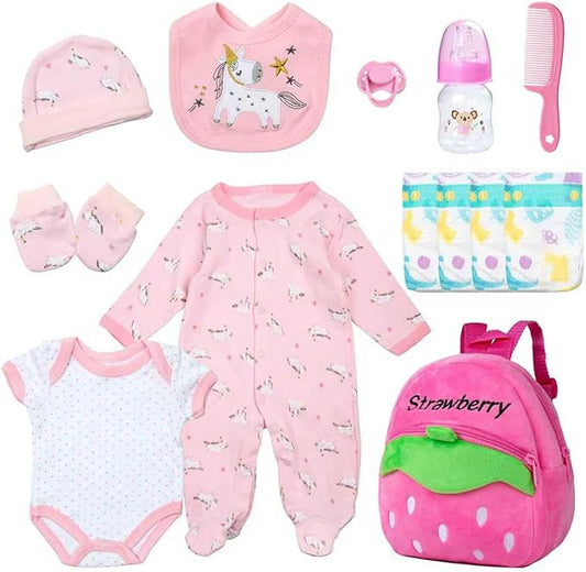 13Pcs Reborn Baby Doll Clothes 17-22 Inch Realistic Girl Doll Outfits Pink Babydoll Clothes with Backpack Fedding Baby Doll Accessories Set Pretend Playset Stuffs