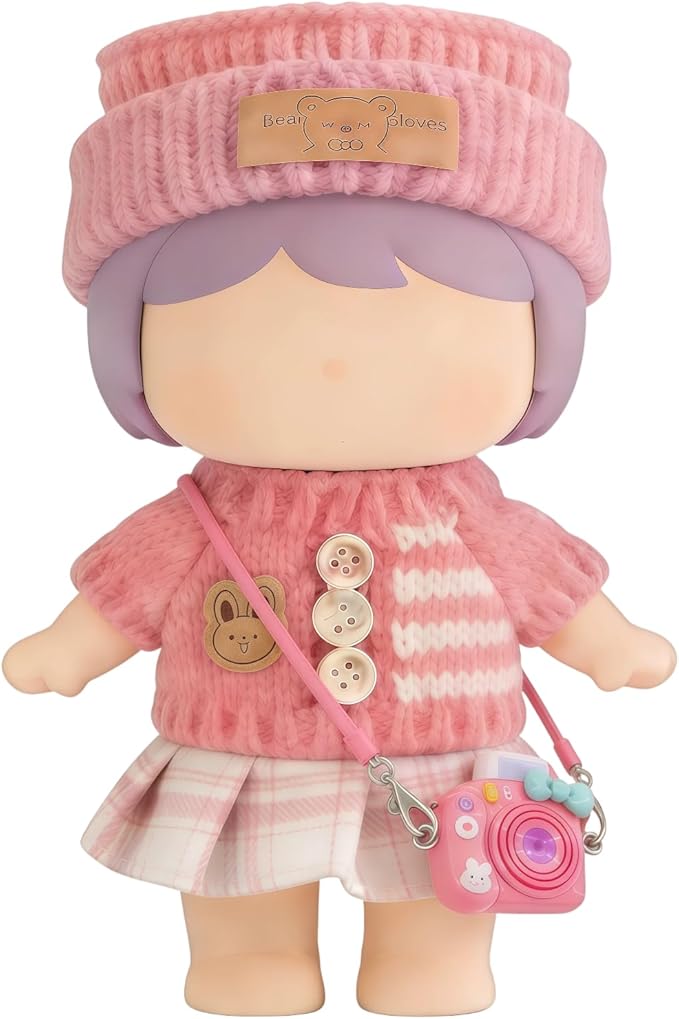 Clothes for LABUBU 17cm Doll (NO Doll) – 4-Piece Set (Collection Hat + Sweater + Skirt + Mini Camera), Outfit for LABUBU, Premium Dolls Accessories for LABUBU (Pink)