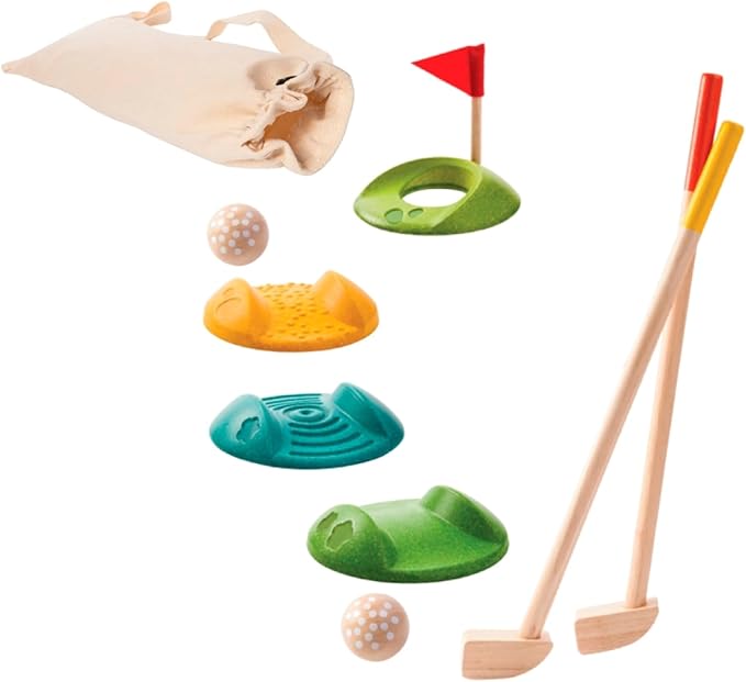 PlanToys® Mini Golf Set for Kids | Eco-Friendly Wooden Golf Game with 2 Putters, 2 Golf Balls, 3 Obstacles, Target Goal & Travel Bag | Perfect for Indoor & Outdoor Play