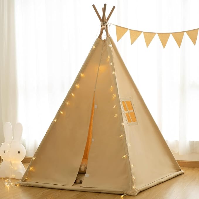 Teepee Tent for Kids-Portable Children Play Tent Indoor Outdoor (Apricot with Mat)